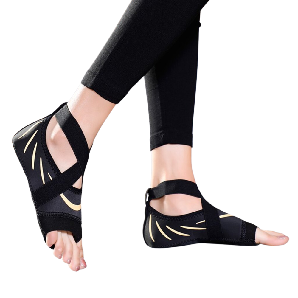 Half Toe Yoga Pilates Shoes Five-Toe Grip Non-Slip Socks black with yellow  stripes [size L 39-40]