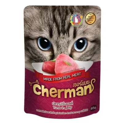 Cherman รสทูน่าและแซลมอนในเยลลี่ แบบเพ้าช์ อาหารเปียกสำหรับแมวอายุ 1 ปีขึ้นไป Greatestpetshop ขนาด 85 กรัม X 24 ซอง