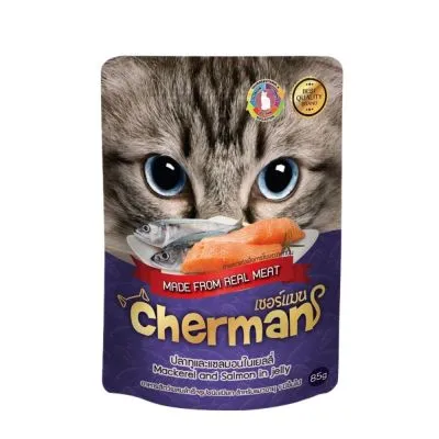 Cherman รสปลาทูและแซลมอนในเยลลี่ แบบเพ้าช์ อาหารเปียกสำหรับแมวอายุ 1 ปีขึ้นไป Greatestpetshop ขนาด 85 กรัม X 24 ซอง