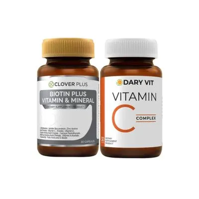 Clover Plus Biotin Plus Vitamin&Mineral ไบโอติน พลัสวิตามินและแร่ธาตุ ดูแลเส้นผม + Dary Vit Vitamin C Complex(30 แคปซูล)