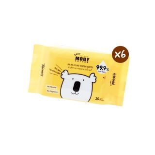 Moby Pure Water Wipe ทิชชู่เปียกสูตรน้ำ 99.9% แผ่นขนาดใหญ่ นุ่มและหนา สำหรับผิวบอบบางเป็นพิเศษ 1ห่อ 20แผ่น แพ็ค6ห่อ