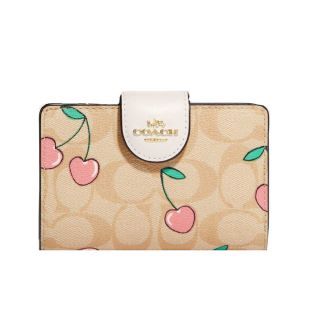 กระเป๋าสตางค์ COACH CF401 MEDIUM CORNER ZIP WALLET IN SIGNATURE CANVAS WITH HEART CHERRY PRINT (IMOT4)