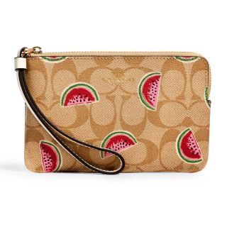 กระเป๋าคล้องมือ CORNER ZIP WRISTLET IN SIGNATURE CANVAS WITH WATERMELON PRINT (IMR0Q) สี: IM/LT KHAKI/RED MULTI