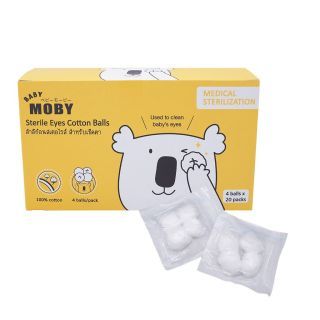 MOBY สำลีก้อนเช็ดตาสเตอไรส์ ผลิตจากฝ้ายธรรมชาติ 100% พกพาสะดวก ใช้ง่าย สำหรับใช้แล้วทิ้ง 1 ซอง บรรจุ 4ก้อน (20 ซอง)