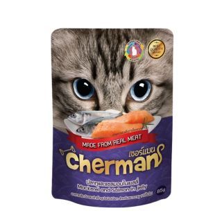 Cherman รสปลาทูและแซลมอนในเยลลี่ แบบเพ้าช์ อาหารเปียกสำหรับแมวอายุ 1 ปีขึ้นไป Greatestpetshop ขนาด 85 กรัม X 24 ซอง